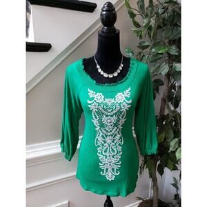 Women's INC Green Embroidered Top Medium 3/4 Sleeve Boho Floral Tunic
